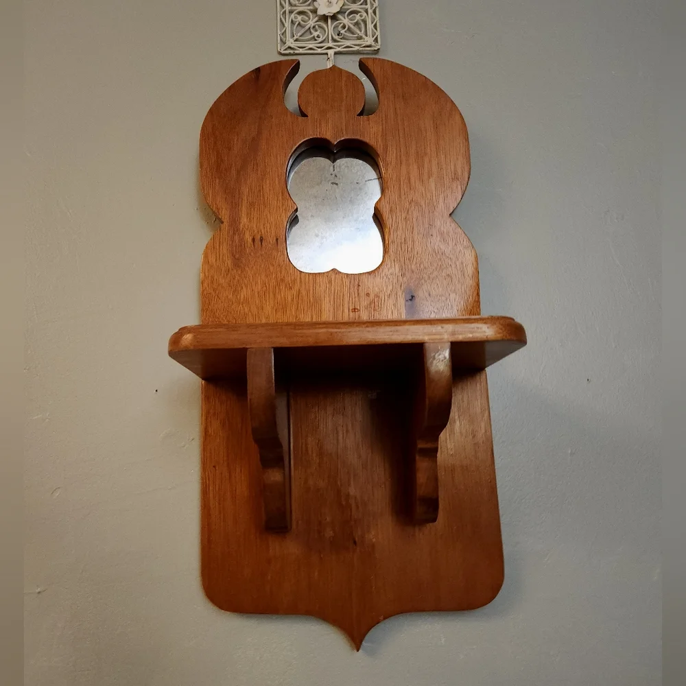 🔨 Vintage 1950s Wooden Angel Mirrored Shelf